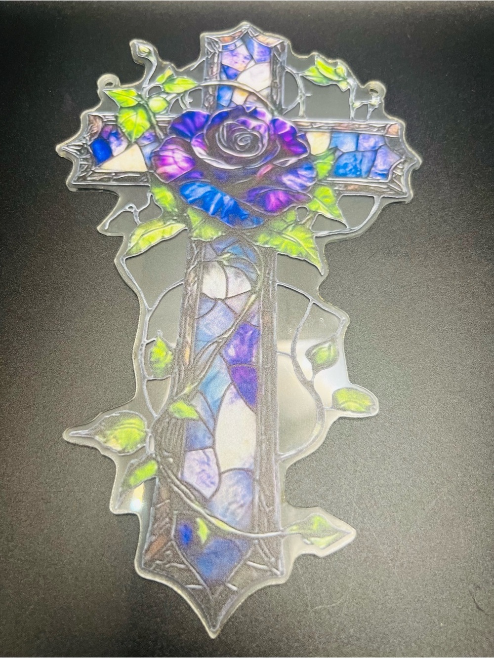 NWT 2D Flat Purple Rose Cross Sun Catcher Stained Acrylic Glass Style